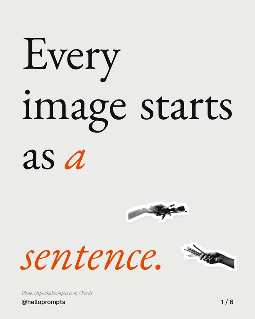 Carousel for HelloPrompts: "Every image starts as a sentence.". Cutout essay, 6 slides, light palette.