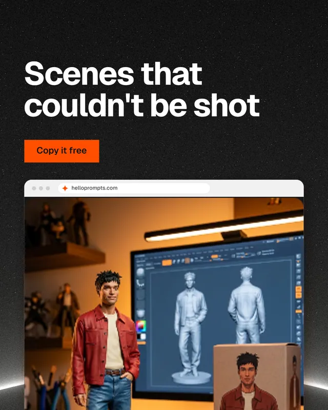 Instagram portrait post for HelloPrompts: "Scenes that couldn't be shot". Swiss style, browser layout, dark palette in grey, black, orange.