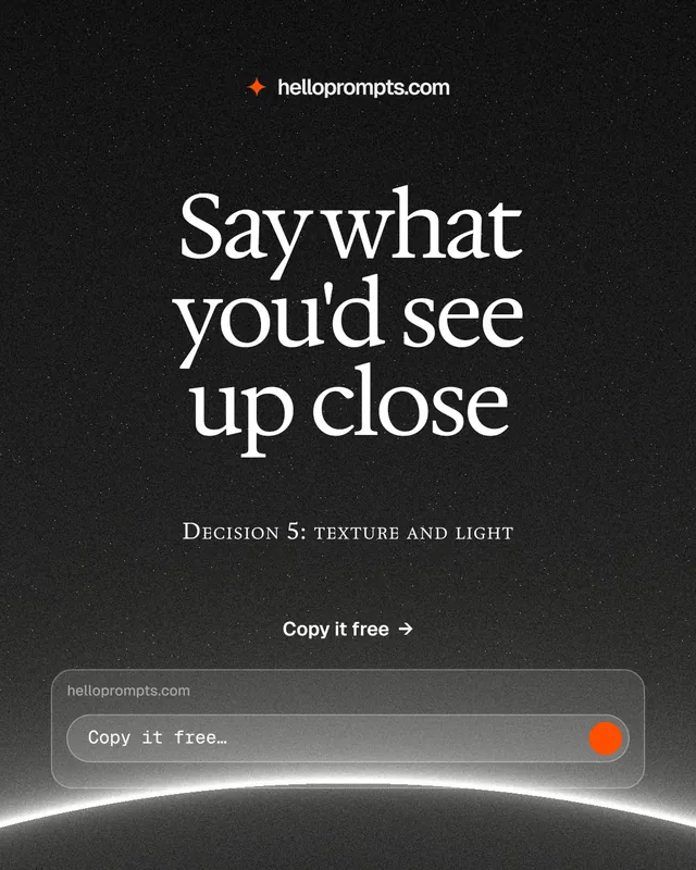 Instagram portrait post for HelloPrompts: "Say what you'd see up close". Swiss style, smallcaps layout, dark palette in black, grey.