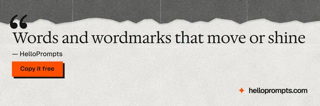 X header for HelloPrompts: "Words and wordmarks that move or shine". Paper trio style, quote layout, light palette in white, grey.
