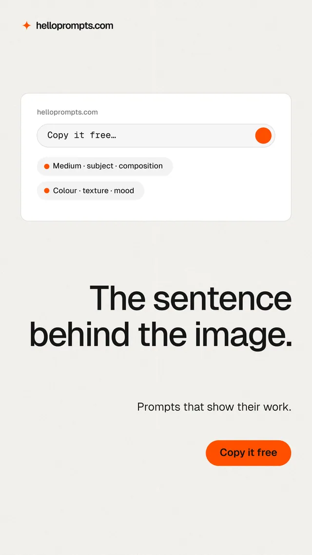 Instagram story for HelloPrompts: "The sentence behind the image." Data card style, right layout, light palette in white.