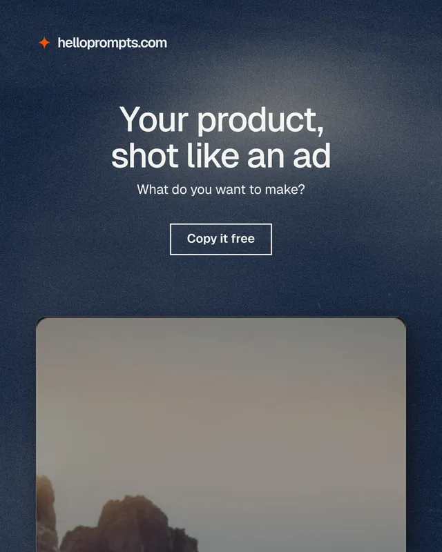 Instagram portrait post for HelloPrompts: "Your product, shot like an ad". Cyanotype style, centred layout, dark palette in blue, grey.