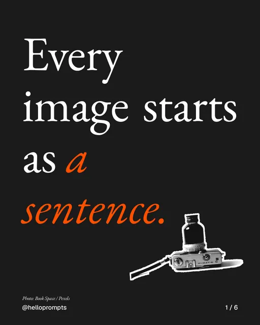 Carousel for HelloPrompts: "Every image starts as a sentence.". Cutout essay, 6 slides, dark palette.