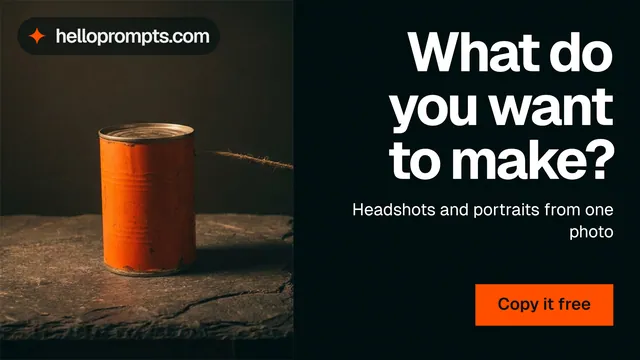 Landscape graphic for HelloPrompts: "What do you want to make?" Swiss style, right layout, dark palette in black, orange.
