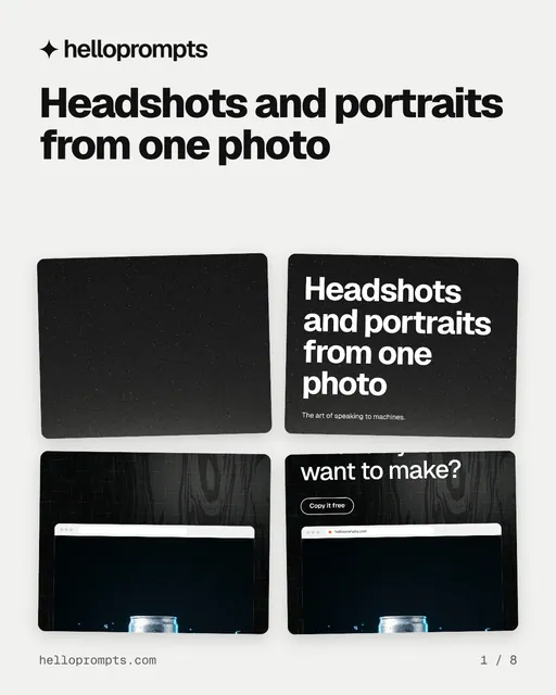 Carousel for HelloPrompts: "Headshots and portraits from one photo". Collection carousel, 8 slides, light palette.