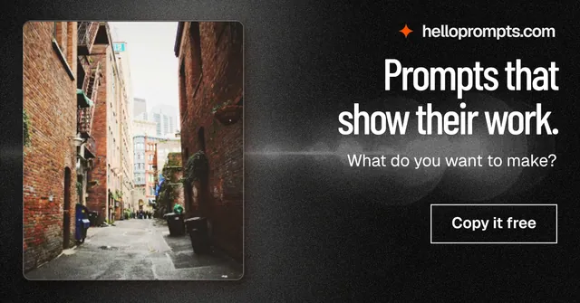 Social ad for HelloPrompts: "Prompts that show their work." Dark deco style, right layout, dark palette in black, grey.