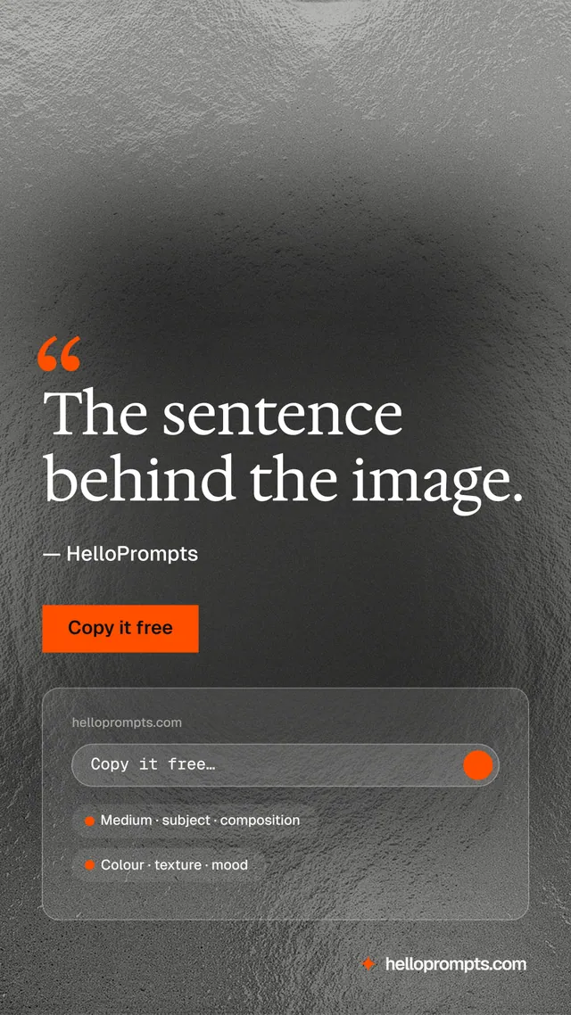 Instagram story for HelloPrompts: "The sentence behind the image." Swiss style, quote layout, dark palette in grey, black.