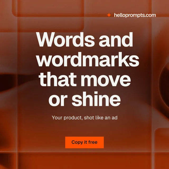 Instagram post for HelloPrompts: "Words and wordmarks that move or shine". Swiss style, centred layout, dark palette in red, orange, grey.