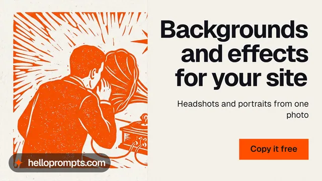 Landscape graphic for HelloPrompts: "Backgrounds and effects for your site". Swiss style, right layout, light palette in orange, white.