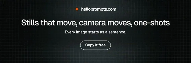 X header for HelloPrompts: "Stills that move, camera moves, one-shots". Phosphor atlas style, centred layout, dark palette in black, grey.