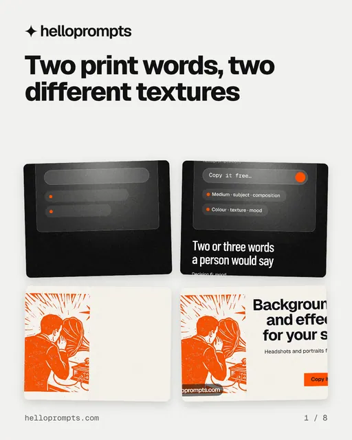 Carousel for HelloPrompts: "Two print words, two different textures". Collection carousel, 8 slides, light palette.