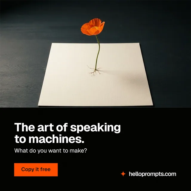 Instagram post for HelloPrompts: "The art of speaking to machines." Swiss style, bottom layout, dark palette in black, grey.