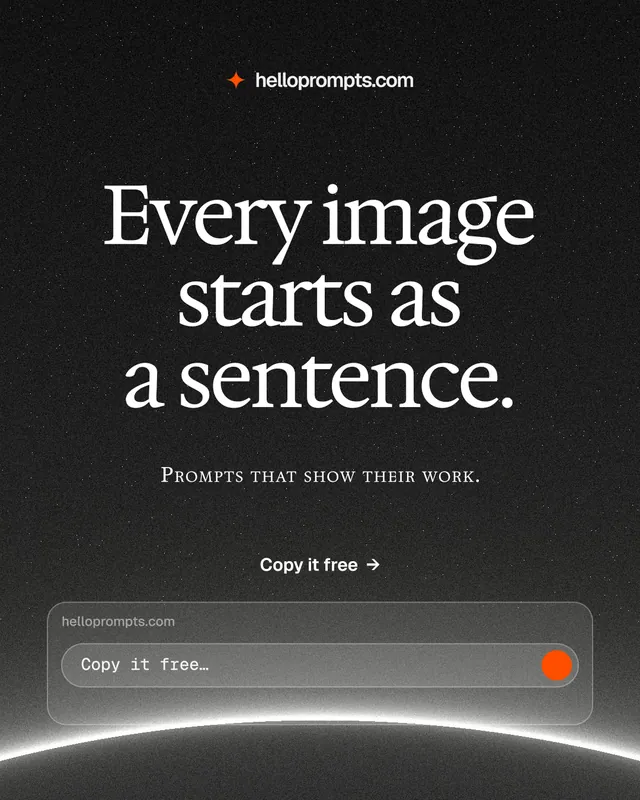 Instagram portrait post for HelloPrompts: "Every image starts as a sentence." Swiss style, smallcaps layout, dark palette in black, grey.