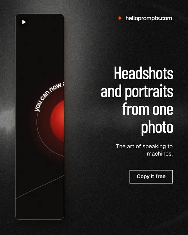 Instagram portrait post for HelloPrompts: "Headshots and portraits from one photo". Dark deco style, right layout, dark palette in black, grey.