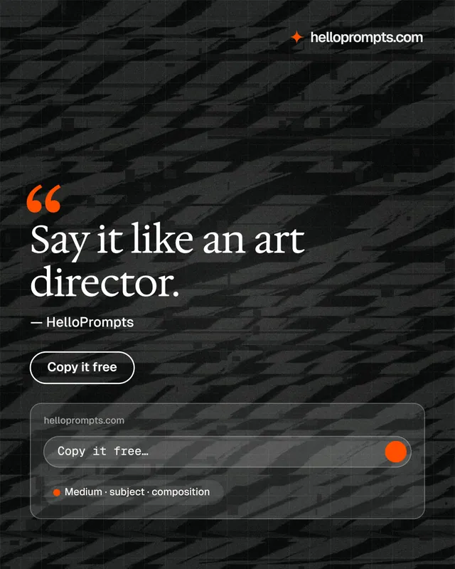 Instagram portrait post for HelloPrompts: "Say it like an art director." Phosphor atlas style, quote layout, dark palette in black, grey.
