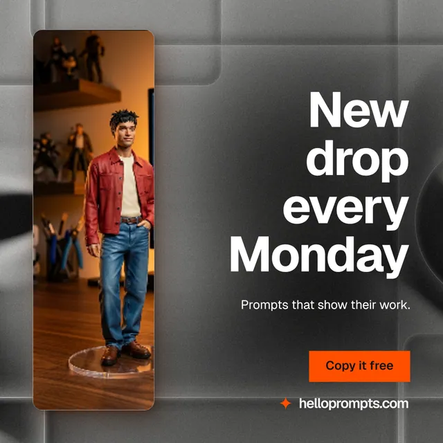 Instagram post for HelloPrompts: "New drop every Monday". Swiss style, right layout, dark palette in grey, black, orange.