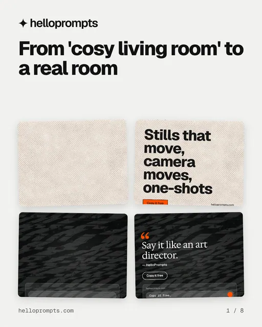 Carousel for HelloPrompts: "From 'cosy living room' to a real room". Collection carousel, 8 slides, light palette.