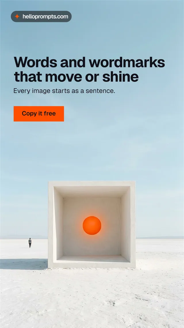 Instagram story for HelloPrompts: "Words and wordmarks that move or shine". Swiss style, bottom layout, light palette in blue, grey, white.
