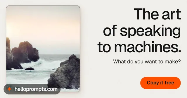 Social ad for HelloPrompts: "The art of speaking to machines." Data card style, right layout, light palette in white, grey.