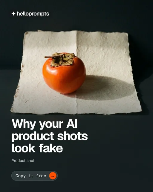 Video for HelloPrompts: "Why your AI product shots look fake". Doc motion loop, 8.0 s, dark palette.