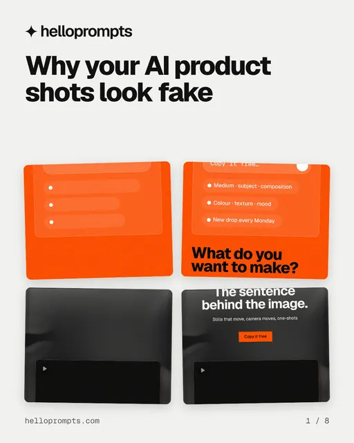 Carousel for HelloPrompts: "Why your AI product shots look fake". Collection carousel, 8 slides, light palette.