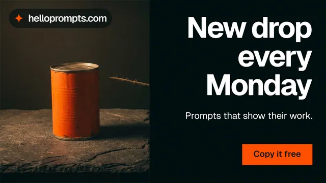 Landscape graphic for HelloPrompts: "New drop every Monday". Swiss style, right layout, dark palette in black, orange.