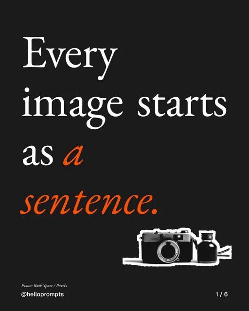 Carousel for HelloPrompts: "Every image starts as a sentence.". Cutout essay, 6 slides, dark palette.