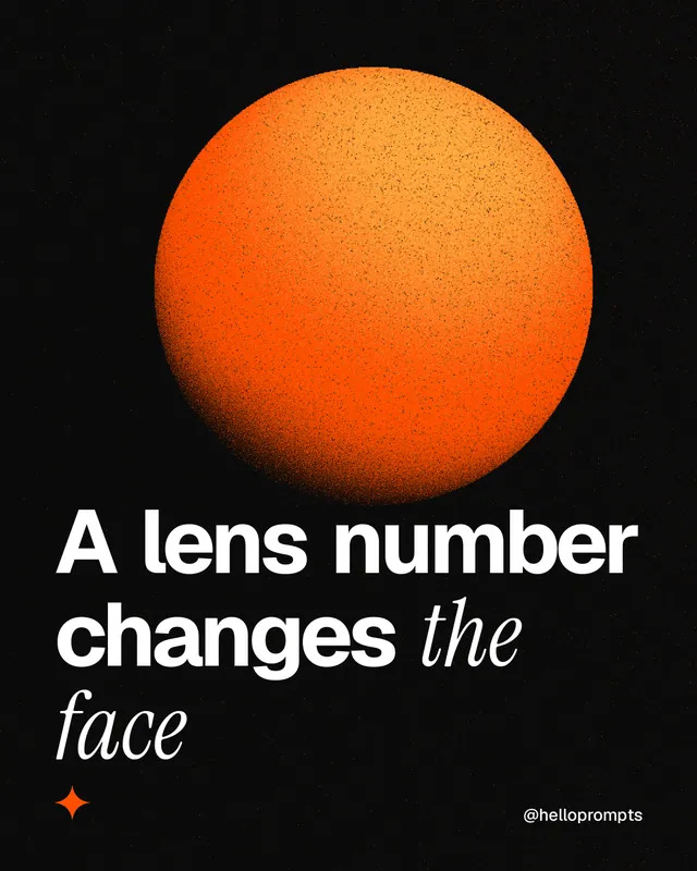 Instagram portrait post for HelloPrompts: "A lens number changes the face". Auto 4x5 style, technique:shader field layout, dark palette in black, orange.
