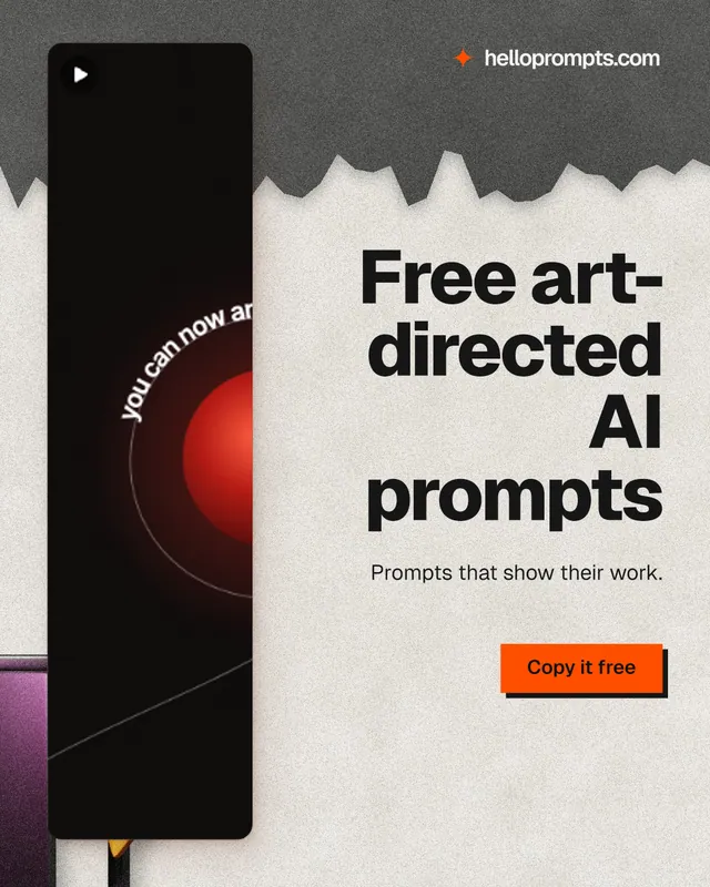 Instagram portrait post for HelloPrompts: "Free art-directed AI prompts". Paper trio style, right layout, light palette in white, grey, black.