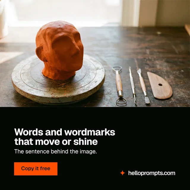 Instagram post for HelloPrompts: "Words and wordmarks that move or shine". Swiss style, bottom layout, dark palette in black, white, orange.
