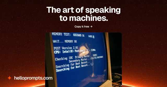 Social ad for HelloPrompts: "The art of speaking to machines." Swiss style, ogui layout, dark palette in black, blue, red.