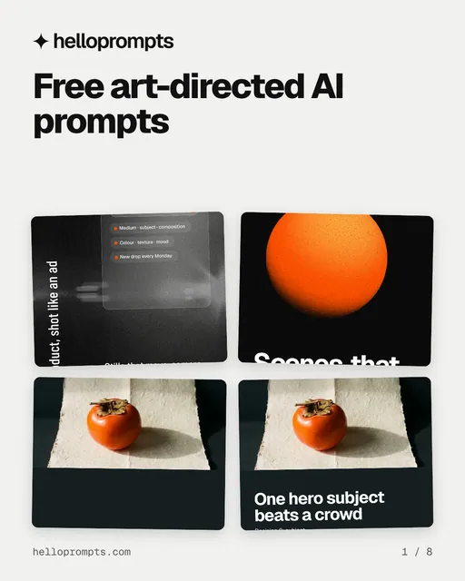 Carousel for HelloPrompts: "Free art-directed AI prompts". Collection carousel, 8 slides, light palette.