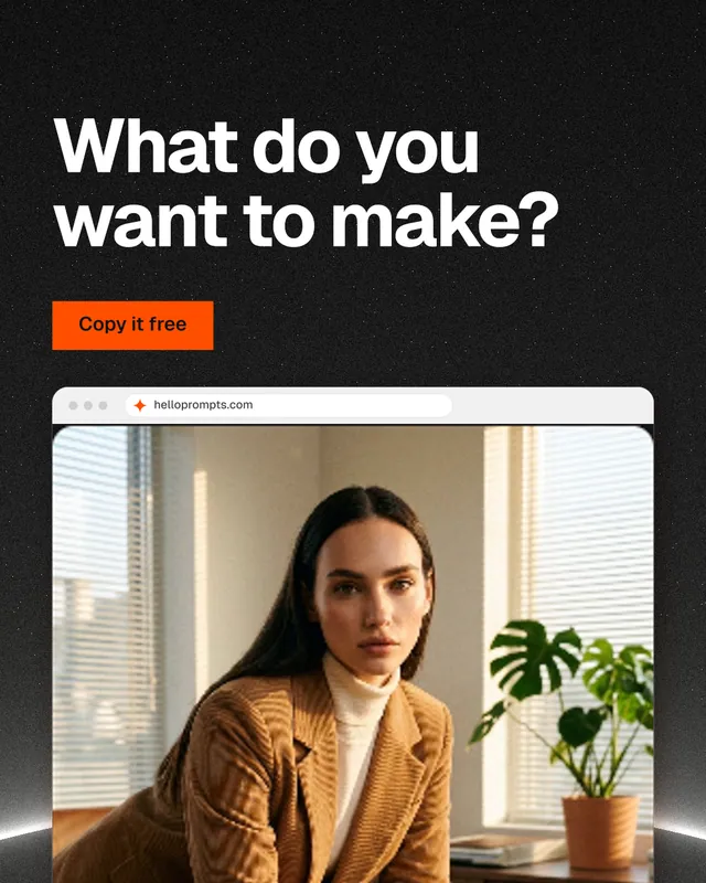 Instagram portrait post for HelloPrompts: "What do you want to make?" Swiss style, browser layout, dark palette in yellow, black, orange.