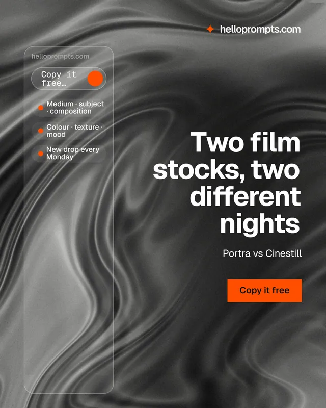 Instagram portrait post for HelloPrompts: "Two film stocks, two different nights". Swiss style, right layout, dark palette in grey, black.