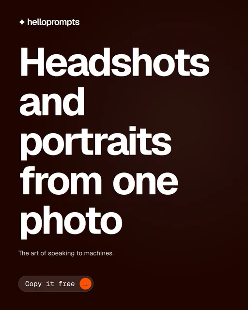 Video for HelloPrompts: "Headshots and portraits from one photo". Doc motion loop, 7.0 s, dark palette.