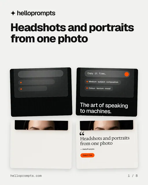 Carousel for HelloPrompts: "Headshots and portraits from one photo". Collection carousel, 8 slides, light palette.
