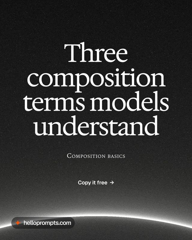 Instagram portrait post for HelloPrompts: "Three composition terms models understand". Swiss style, smallcaps layout, dark palette in black, grey.
