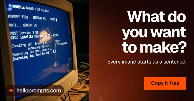 Social ad for HelloPrompts: "What do you want to make?" Swiss style, right layout, dark palette in red, black, purple.