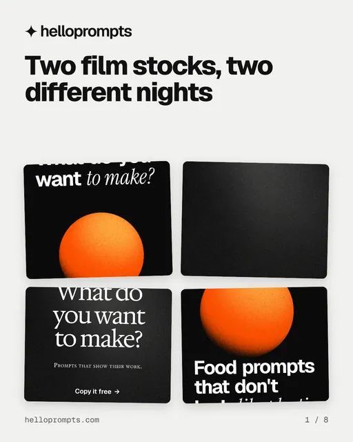 Carousel for HelloPrompts: "Two film stocks, two different nights". Collection carousel, 8 slides, light palette.