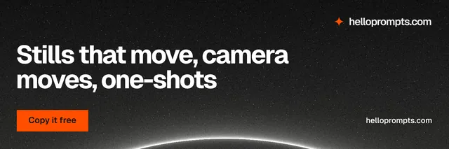 X header for HelloPrompts: "Stills that move, camera moves, one-shots". Swiss style, poster layout, dark palette in black, orange, grey.