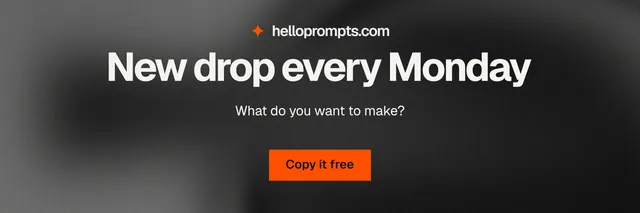 X header for HelloPrompts: "New drop every Monday". Swiss style, centred layout, dark palette in black, grey.
