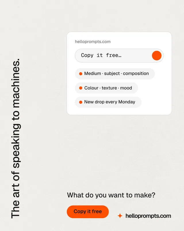 Instagram portrait post for HelloPrompts: "The art of speaking to machines." Data card style, vertical layout, light palette in white, orange.