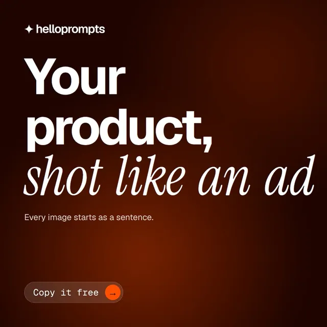 Video for HelloPrompts: "Your product, shot like an ad". Doc motion loop, 6.0 s, dark palette.