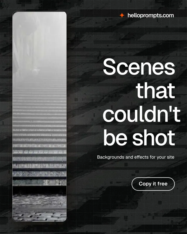 Instagram portrait post for HelloPrompts: "Scenes that couldn't be shot". Phosphor atlas style, right layout, dark palette in grey, black.