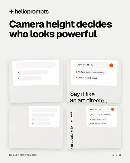 Carousel for HelloPrompts: "Camera height decides who looks powerful". Collection carousel, 8 slides, light palette.