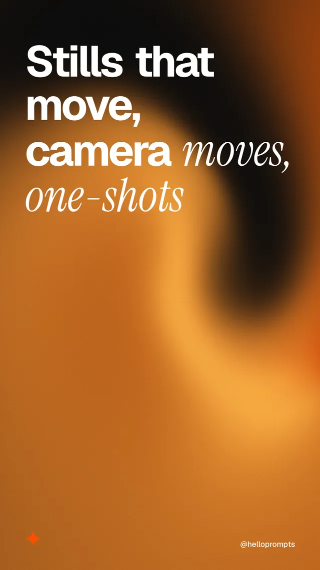 Instagram story for HelloPrompts: "Stills that move, camera moves, one-shots". Auto 9x16 style, technique:shader field layout, dark palette in orange.