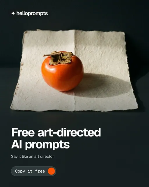 Video for HelloPrompts: "Free art-directed AI prompts". Doc motion loop, 8.0 s, dark palette.