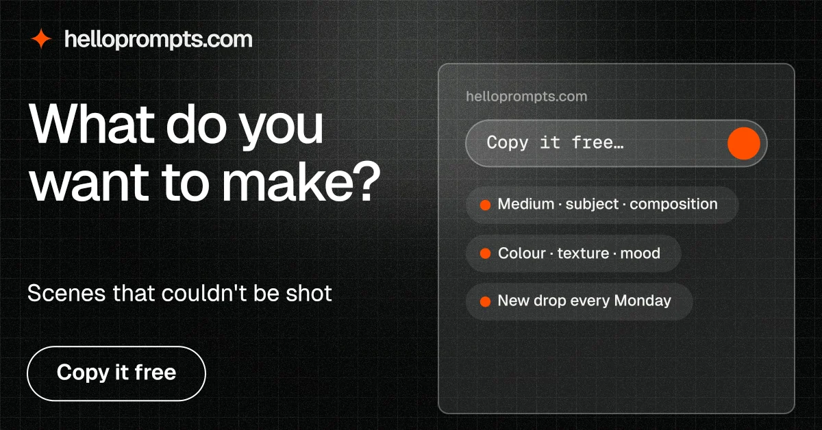 Social ad for HelloPrompts: "What do you want to make?" Phosphor atlas style, bottom layout, dark palette in black, grey.