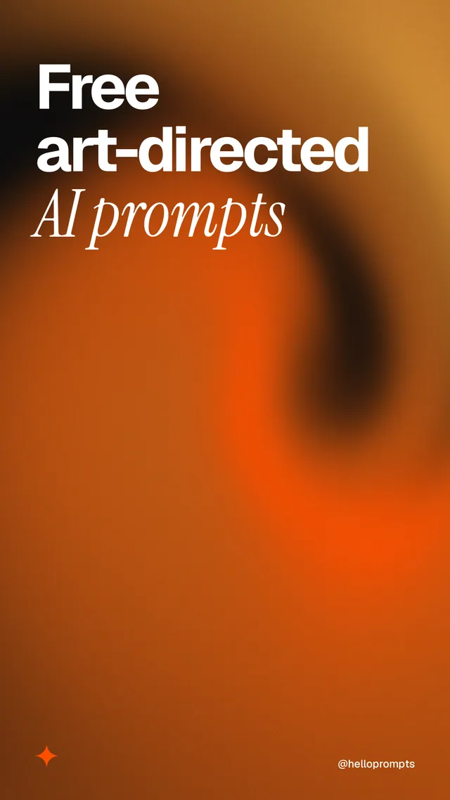 Instagram story for HelloPrompts: "Free art-directed AI prompts". Auto 9x16 style, technique:shader field layout, dark palette in orange, brown.
