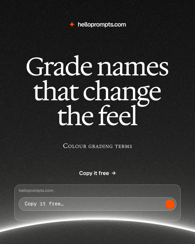 Instagram portrait post for HelloPrompts: "Grade names that change the feel". Swiss style, smallcaps layout, dark palette in black, grey.